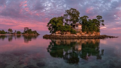 Fototapeta premium Peaceful island retreat at sunset.