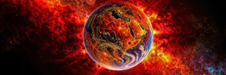 Vivid depiction of a fiery planet surrounded by cosmic colors in a galaxy setting