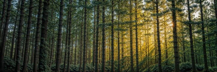 Sunlight filters through tall trees in a serene forest during early evening hours