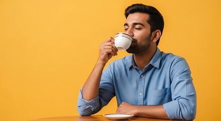 Relaxed young man savoring the aromatic flavor of his morning coffee in a cheerful yellow setting, promoting mindfulness, calm mornings, and simple pleasures