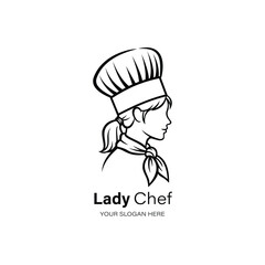 Minimalist restaurant and cafe logo line art illustration of a lady chef in profile, wearing a chefs hat and neckerchief, with the text lady chef below