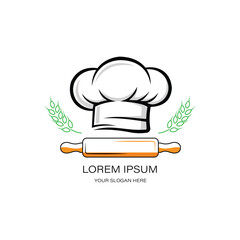 Minimalist restaurant and cafe logo chef hat and rolling pin with wheat ears