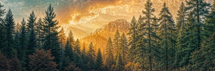 Scenic sunset view over a forest with mountains in the background and vibrant colors illuminating the sky