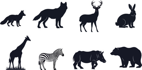 Obraz premium Silhouette collection of wild animals, including fox, wolf, deer, rabbit, giraffe, zebra, rhino and bear