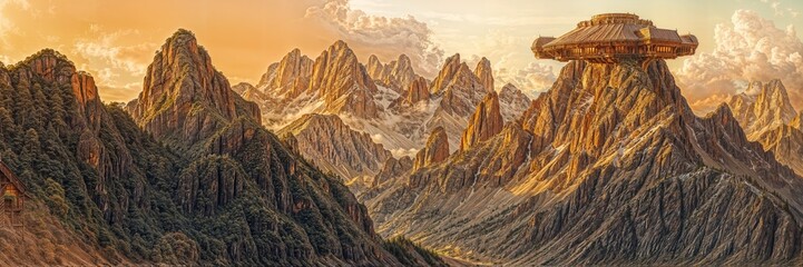 Mysterious floating structure above majestic mountain range at sunset