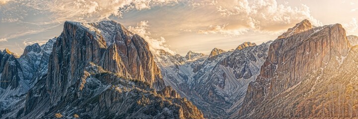 Majestic sunset over rugged mountain landscape with snow-capped peaks and vibrant sky