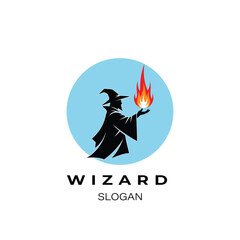 Minimalist modernize logo vector art of a black silhouette of a wizard holding a flame in his hand, with the text wizard si slogan below, isolated on a