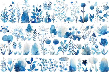 Watercolor Floral Elements Set with Transparent Background Blue Tones Black Background Artistic Design Illustration
