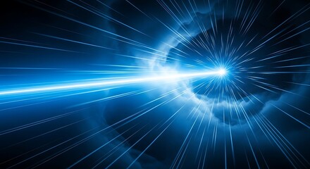 High quality image of abstract blue light tunnel with streaks of light, representing fast data transfer and warp speed travel