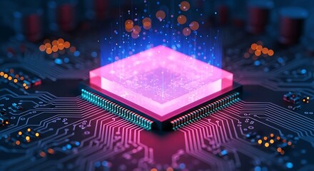 High quality image of closeup of a glowing pink processor chip on a circuit board, symbolizing advanced computing and artificial intelligence