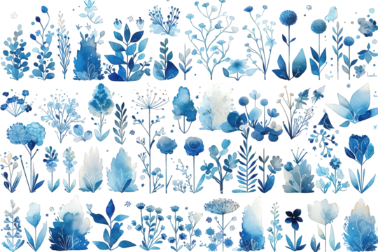 Watercolor Floral Elements Set with Transparent Background Blue Tones Black Background Artistic Design Illustration