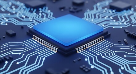 High quality image of closeup view of a blue computer processor chip on a circuit board with glowing blue lines, representing technology and innovation