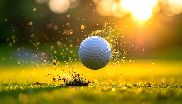 Golf Ball Ascent: A pristine golf ball bursts into motion, propelled skyward from a perfectly manicured green, with the sun's golden rays accentuating the dynamic energy and precision. - Powered by Adobe