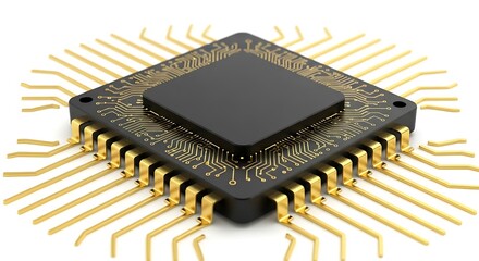 High quality image of a black computer processor chip with gold pins and circuitry, isolated on white background, highlighting its intricate electronic design