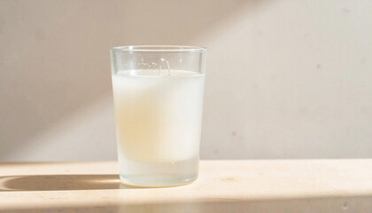 Glass of white beverage on wooden surface with natural light  