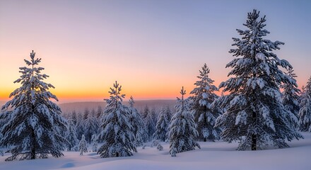 Snow-laden Evergreen Forest Silhouetted Against a Vibrant Winter