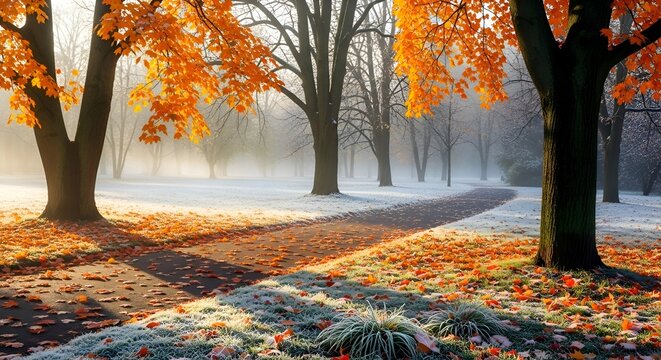 Autumnal Park Scene: Golden Leaves, Frosty Ground, and Misty Pat