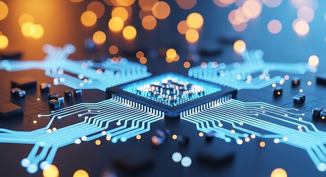 High quality image of abstract digital art of a glowing blue computer processor chip on a circuit board with bokeh lights, symbolizing advanced computing