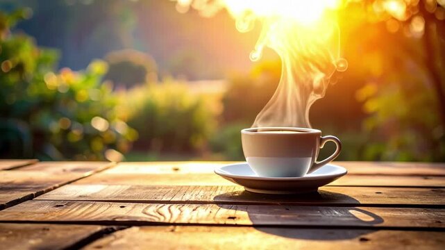 Steam coming from a cup of coffee on a empty wooden table
