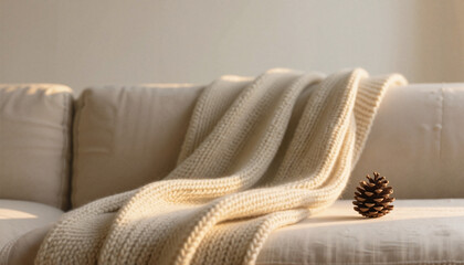 Cozy beige knitted blanket draped over sofa with pinecone  