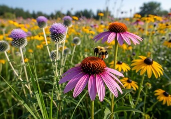 Fototapeta premium Closeup of purple coneflower and globe thistle in a vibrant wildflower meadow with a bee collecting pollen on a sunny day