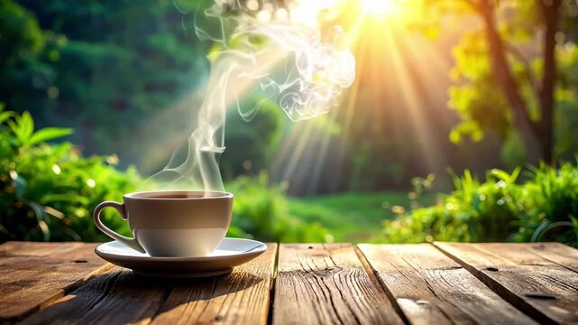 Steam coming from a cup of coffee on a empty wooden table