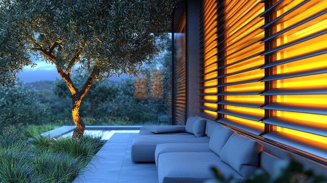 Modern patio with glowing louvered window, comfy sofa, and olive tree at dusk - Powered by Adobe