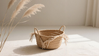 Woven straw basket with handles on soft fabric background   