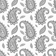 Elegant Monochrome Paisley Motif Seamless Teardrop Border