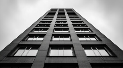 Monochrome low-angle view of a towering modern building's dark facade and many windows