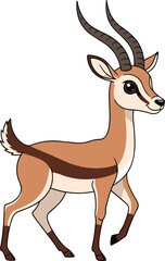 Cartoon gazelle standing alert with curved horns, slender legs, expressive eyes, wildlife animal vector for children’s education and nature themes