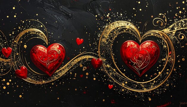 Red hearts on black background with gold swirls