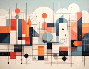 Abstract geometric cityscape with orange and blue shapes and lines