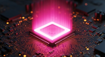High quality image of futuristic glowing pink processor on a dark circuit board, emitting a powerful beam of light, symbolizing advanced technology and data processing