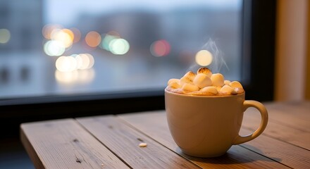 Steaming cocoa with toasted marshmallows on a wooden table again
