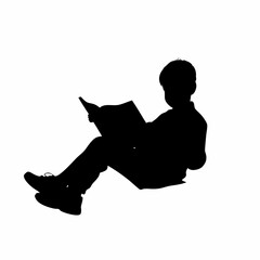 Silhouette of a boy reading a comic book isolated on white background