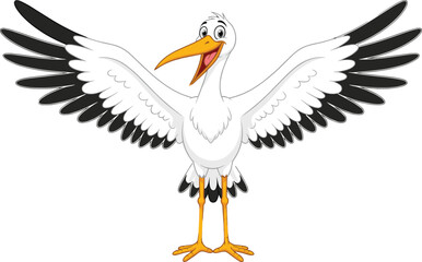 Cartoon white bird with orange beak and black-tipped wings standing upright, expressive eyes, playful pose, children’s educational illustration