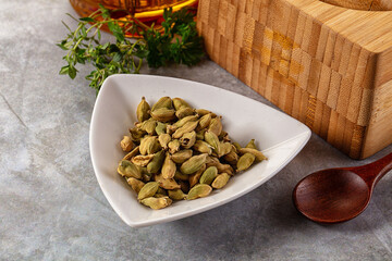 Green dry cardamom heap spices aroma