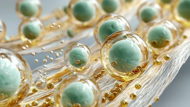 mint-green niacinamide microcapsules penetrating the stratum corneum lipid barrier, translucent skin cross-section