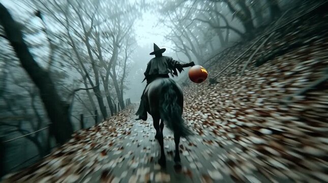 Cinematic action shot of the Headless Horseman galloping through a moonlit forest on a ghostly black horse. He holds a glowing jack-o&rsquo;-lantern, while motion blur and red-eyed horse create supernatural