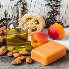 Natural Beauty and Wellness Still Life with Apricot Almond Oil Soap and Loofah