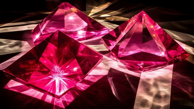 Radiant Pink Crystal Pyramids and Cube Gems, Sparkling Light Reflections - Powered by Adobe