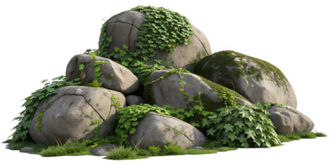 Stack of Large Grey Boulders Covered with Green Moss and Ivy Isolated on Transparent Background