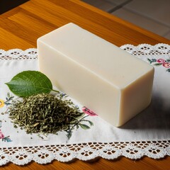 Natural Soap Bar with Dried Herbs and Fresh Leaf on Embroidered Cloth for Gentle Cleansing