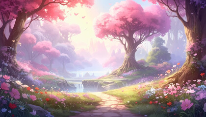 Obraz premium Lush green forest filled with colorful flowers and towering trees creating a serene and romantic atmosphere