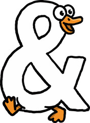 Silly goose letter ampersand symbol cartoon character. Funny white goose icon walking with happy goofy expression