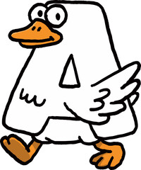 Silly goose letter character funny white goose walking. Cute animal alphabet design with happy walking expression