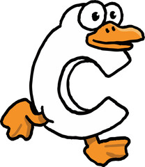 Silly goose letter cartoon alphabet character walking. funny white goose letter c has cheerful expression