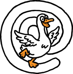 Silly goose letter cartoon illustration of happy goose in front of an at symbol for email or online communication