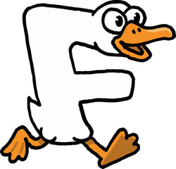 Silly goose letter cartoon running with happy expression. fun animal character shaped like capital letter F